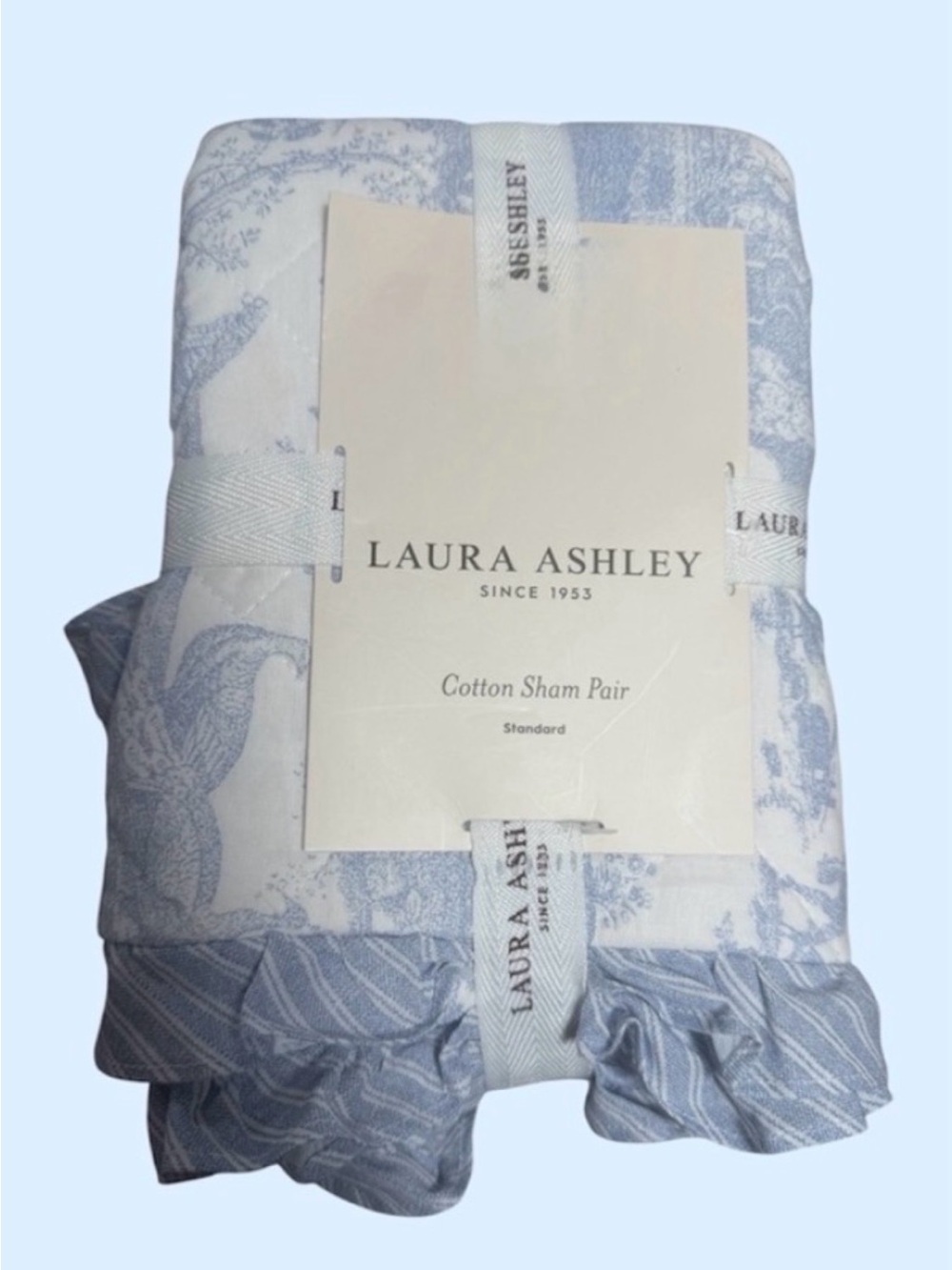 2PC Laura Ashley Quilted Cotton Pillow Shams BLUE /White Toile Stripe  21x27